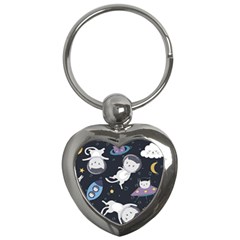 Space Cat Illustration Pattern Astronaut Key Chain (heart)