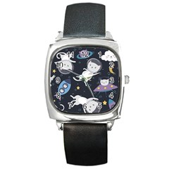 Space Cat Illustration Pattern Astronaut Square Metal Watch