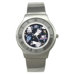 Space Cat Illustration Pattern Astronaut Stainless Steel Watch