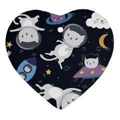 Space Cat Illustration Pattern Astronaut Heart Ornament (two Sides)
