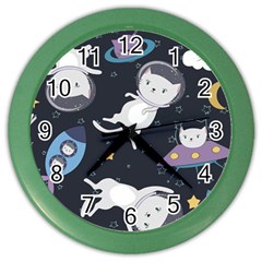 Space Cat Illustration Pattern Astronaut Color Wall Clock