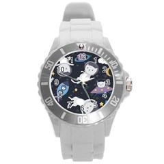 Space Cat Illustration Pattern Astronaut Round Plastic Sport Watch (l) by Wav3s