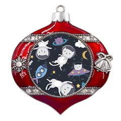 Space Cat Illustration Pattern Astronaut Metal Snowflake And Bell Red Ornament by Wav3s