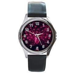 Peacock Pink Black Feather Abstract Round Metal Watch