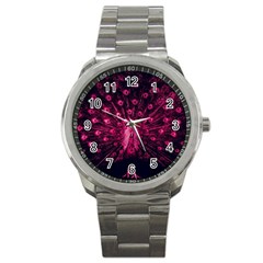 Peacock Pink Black Feather Abstract Sport Metal Watch