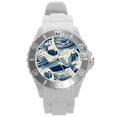 Japanese Wave Pattern Round Plastic Sport Watch (l) by Wav3s