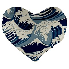 Japanese Wave Pattern Large 19  Premium Flano Heart Shape Cushions