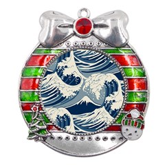 Japanese Wave Pattern Metal X Mas Ribbon With Red Crystal Round Ornament