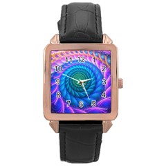 Peacock Feather Fractal Rose Gold Leather Watch  by Wav3s