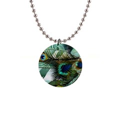 Peacock Feathers Blue Green Texture 1  Button Necklace