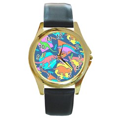 Dinosaur Pattern Round Gold Metal Watch