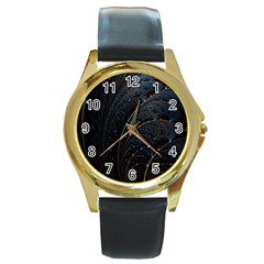 Abstract Dark Shine Structure Fractal Golden Round Gold Metal Watch