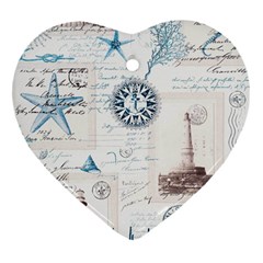 Nautical Lighthouse Vintage Postcard French Writing Heart Ornament (two Sides) by Vaneshop