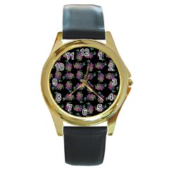 Midnight Noir Garden Chic Pattern Round Gold Metal Watch by dflcprintsclothing