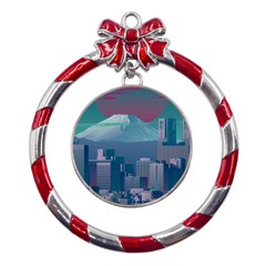 The Sun City Tokyo Japan Volcano Kyscrapers Building Metal Red Ribbon Round Ornament by Grandong