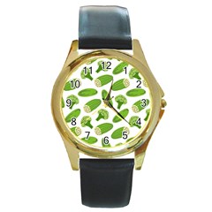 Vegetable Pattern With Composition Broccoli Round Gold Metal Watch by Grandong