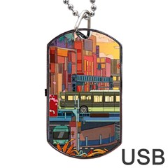 The City Style Bus Fantasy Architecture Art Dog Tag Usb Flash (one Side) by Grandong