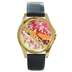 Japanese Kimono Pattern Round Gold Metal Watch