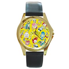 Robot Pattern Lego Round Gold Metal Watch