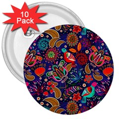 Pattern Colorful Bird Leaf Flower 3  Buttons (10 Pack) 