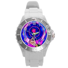 Stained Glass Rose Round Plastic Sport Watch (l) by Cowasu