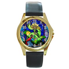 Beauty Stained Glass Rose Round Gold Metal Watch