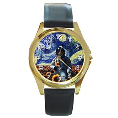 Starry Surreal Psychedelic Astronaut Space Round Gold Metal Watch