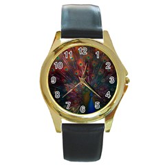 Red Peacock Feather Round Gold Metal Watch