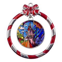 Beauty Stained Glass Castle Building Metal Red Ribbon Round Ornament by Cowasu