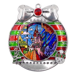 Beauty Stained Glass Castle Building Metal X mas Ribbon With Red Crystal Round Ornament by Cowasu