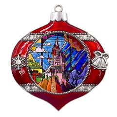 Beauty Stained Glass Castle Building Metal Snowflake And Bell Red Ornament by Cowasu