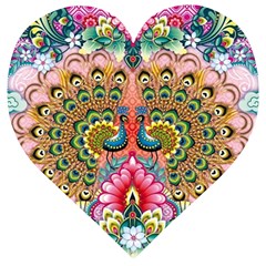 Pink Peacock Bird Pattern Texture Wooden Puzzle Heart by Cowasu