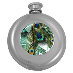 Peacock Feathers Feather Blue Green Round Hip Flask (5 Oz)