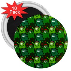 Green Monster Cartoon Seamless Tile Abstract 3  Magnets (10 pack) 