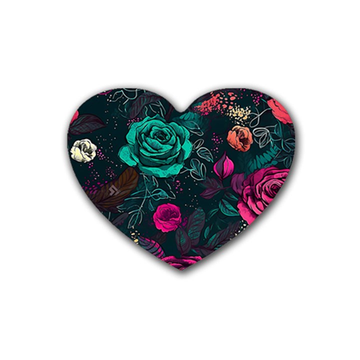 Roses Pink Teal Rubber Heart Coaster (4 pack)