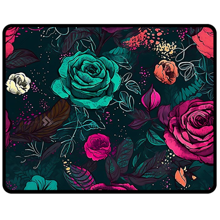 Roses Pink Teal Fleece Blanket (Medium)