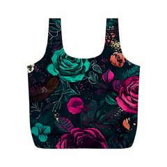 Roses Pink Teal Full Print Recycle Bag (m) by Bangk1t
