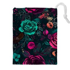 Roses Pink Teal Drawstring Pouch (5xl) by Bangk1t