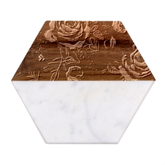 Roses Pink Teal Marble Wood Coaster (hexagon) 