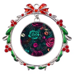 Roses Pink Teal Metal X mas Wreath Ribbon Ornament