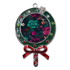 Roses Pink Teal Metal X mas Lollipop With Crystal Ornament