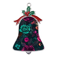 Roses Pink Teal Metal Holly Leaf Bell Ornament