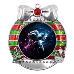 Psychedelic Astronaut Trippy Space Art Metal X mas Ribbon With Red Crystal Round Ornament