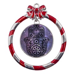 Hamsa Hand Metal Red Ribbon Round Ornament