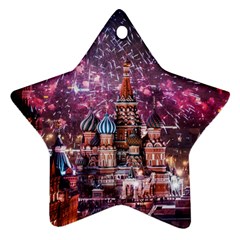 Moscow Kremlin Saint Basils Cathedral Architecture  Building Cityscape Night Fireworks Ornament (star) by Cowasu