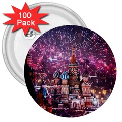 Moscow Kremlin Saint Basils Cathedral Architecture  Building Cityscape Night Fireworks 3  Buttons (100 Pack) 