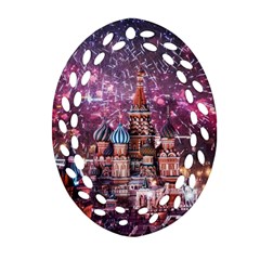 Moscow Kremlin Saint Basils Cathedral Architecture  Building Cityscape Night Fireworks Ornament (oval Filigree) by Cowasu