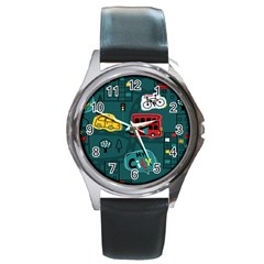 Seamless Pattern With Vehicles Building Road Round Metal Watch