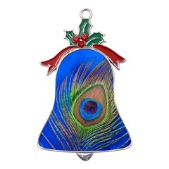 Blue Peacock Feather Metal Holly Leaf Bell Ornament