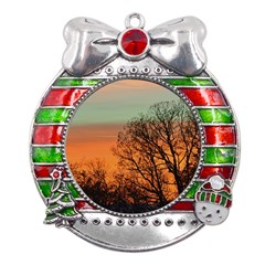Twilight Sunset Sky Evening Clouds Metal X mas Ribbon With Red Crystal Round Ornament